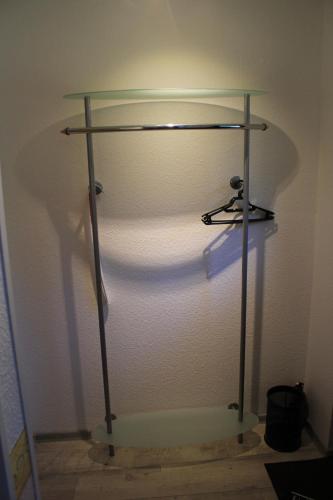 eine Duschkabine mit einem Glasregal in einem Zimmer in der Unterkunft Ferienwohnung Athena in Pirna