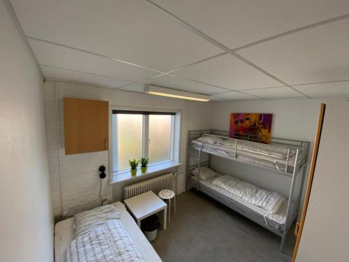 a room with two bunk beds and a window at Grindsted - Billund Holiday Rooms in Grindsted