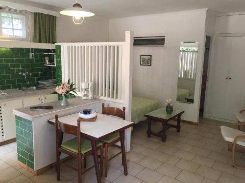een keuken en een woonkamer met een tafel en stoelen bij 89 Le Grand Pin in Sainte-Maxime