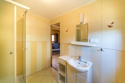 La salle de bains est pourvue d'un lavabo et d'une douche. dans l'établissement DRAGA AM Konkel, à Jastarnia