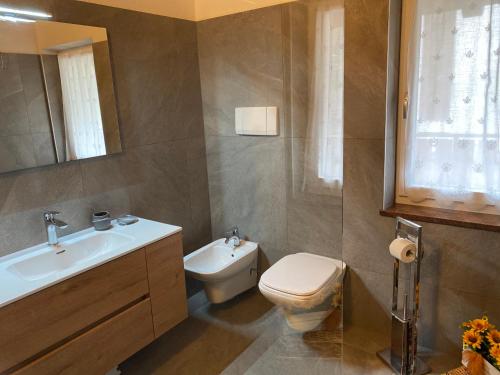 a bathroom with a toilet and a sink and a mirror at Casa Pallanch in Fai della Paganella