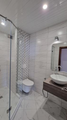 e bagno con lavandino, servizi igienici e doccia. di hotel DIAMANTI a Sozopol