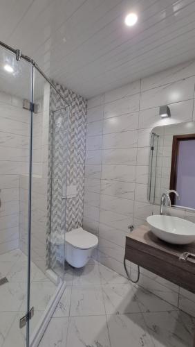 a bathroom with a sink and a toilet and a shower at Hotel Diamanti in Sozopol