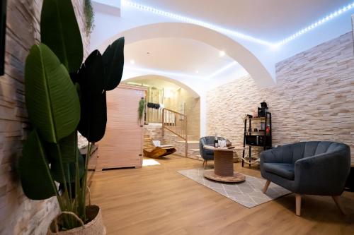 a living room with a blue chair and a plant at Le Spa de la Cathédrale - Jacuzzi - Sauna - Champagne - Netflix - Wifi in Troyes