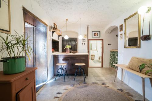 a kitchen with a counter and stools in a room at Hiša Borov Gaj in Mojstrana