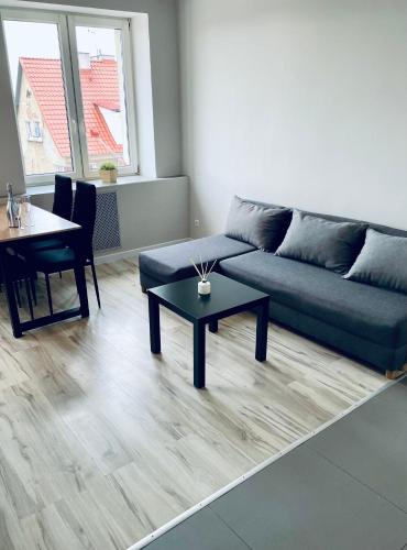 a living room with a couch and a table at Apartament z sypialnią Giżycko in Giżycko