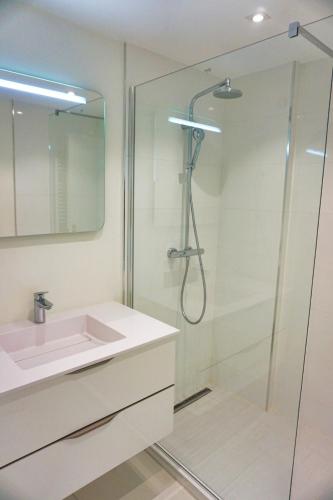 une salle de bain avec un lavabo et une douche dans l'établissement LEM5F - Palmes d'Or Properties, à Cannes