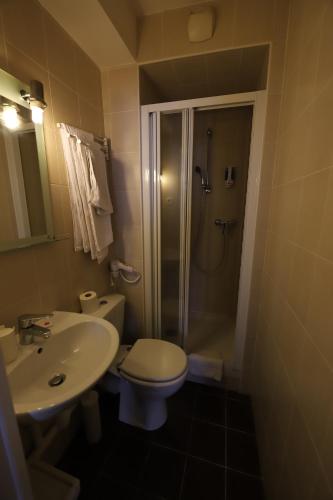 La salle de bains est pourvue de toilettes, d'une douche et d'un lavabo. dans l'établissement Hôtel du Roussillon, à Paris