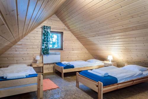 Zimmer mit 2 Betten in einer Holzhütte in der Unterkunft OW Zawiaty na Kaszubach domki nad jeziorem in Czarna Dąbrówka