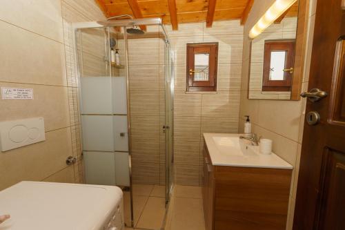 a bathroom with a shower and a sink at LITTLE YARD - HYDRA DREAM HOUSES in Hydra