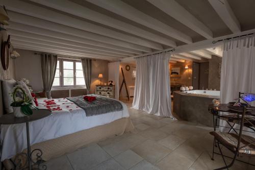 1 dormitorio con 1 cama grande y bañera en CHARME AU FIL DE L'EAU, en Vendières