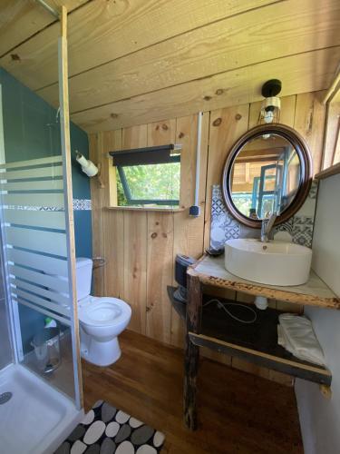 une salle de bain avec toilettes, lavabo et miroir dans l'établissement La Yourte du Jardin Caché, à Marmande