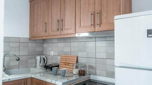 a kitchen with wooden cabinets and a counter top at LEMON TREE - HYDRA DREAM HOUSES in Hydra