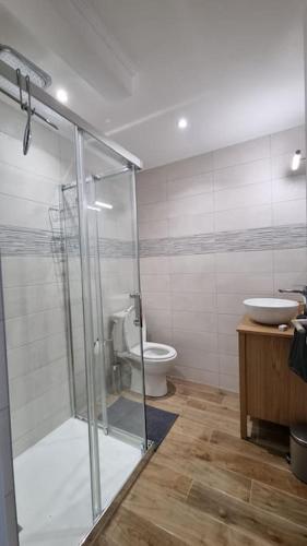 une salle de bain avec une douche, des toilettes et un lavabo dans l'établissement Appartement Premium, à Beaulieu-sur-Mer
