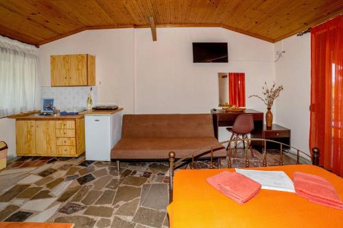 uma sala de estar com um sofá e uma cozinha em Pension Veria Frankfurt em Akti Salonikiou