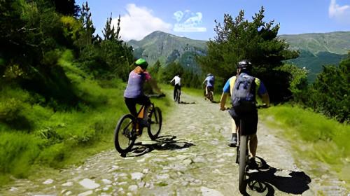 a group of people riding bikes down a dirt road at Ostello La Sosta in Contrada Anselmi