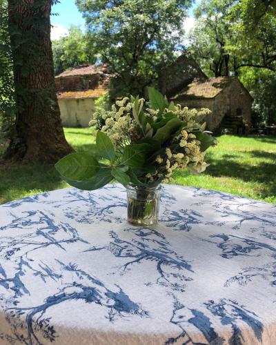 un vase de fleurs assis au-dessus d'une table dans l'établissement Mas d’Aubrac, à Limogne-en-Quercy
