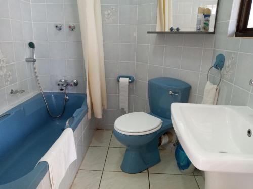 a bathroom with a blue toilet and a tub and a sink at Rockview Guest House in Port Edward