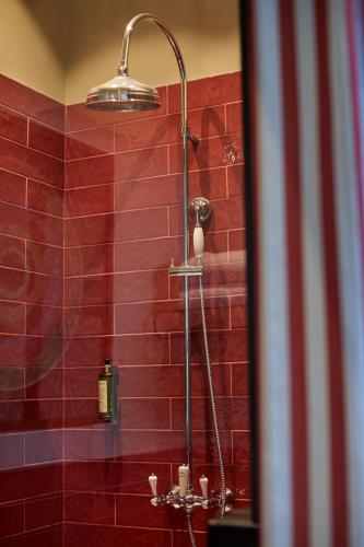 a shower in a bathroom with red tiles at THE PINTA Boutique in Armamar