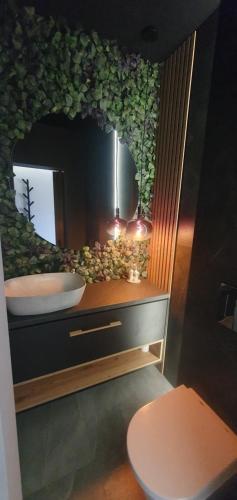 een badkamer met een wastafel en een spiegel bij Apartament przy jeziorze w Pszczewie in Pszczew