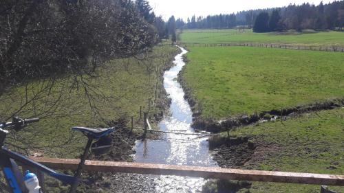 a river in a field next to a fence at Ferienhaus Broche in Hilchenbach