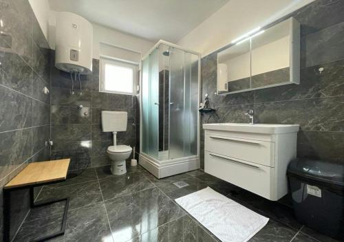 a bathroom with a toilet and a shower and a sink at Villa Andjelija in Plitvička Jezera