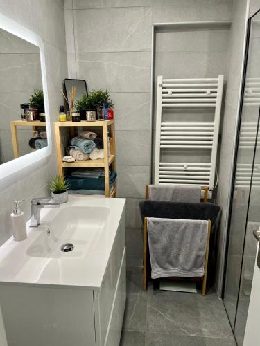 une salle de bain avec un lavabo blanc et un miroir dans l'établissement Au calme, dans la verdure, vue panoramique sur Cannes, au Cannet