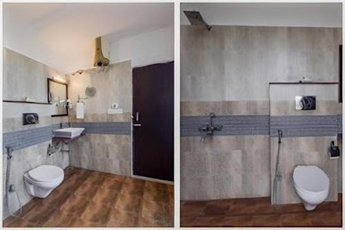 - deux photos d'une salle de bains avec toilettes et lavabo dans l'établissement Viaan - Boutique Hotel In Udaipur, à Udaipur