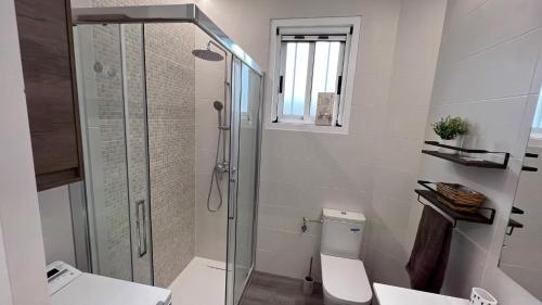 a bathroom with a toilet and a glass shower at Jabego2 in Sarria