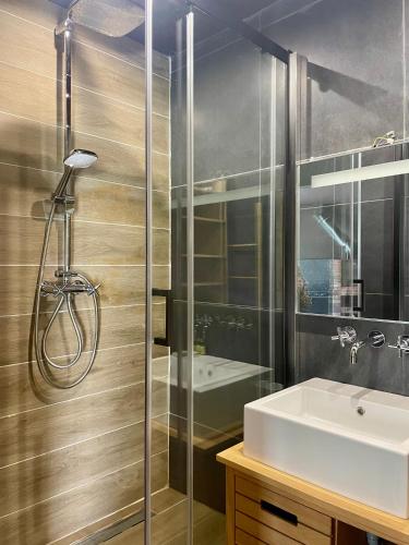 une salle de bain avec un lavabo et une douche en verre dans l'établissement VILLA CALIFORNIENNE with Spa, cinema, jacuzzi & pool in Mougins, à Mougins