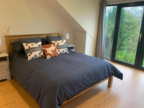 a bedroom with a large bed with pillows and a window at Ridgeway View in Pembrokeshire