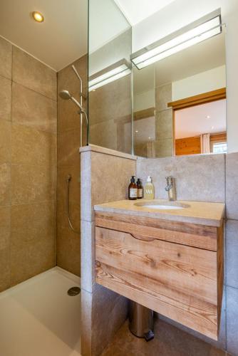 une salle de bain avec un lavabo et une douche avec un miroir dans l'établissement Chalet le 4 - numéro 4, au Grand-Bornand