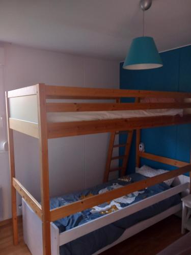 Ce lit superposé se trouve dans un dortoir doté d'une lampe verte. dans l'établissement Villas du lac Appart 4 à 6 personnes, à Soustons