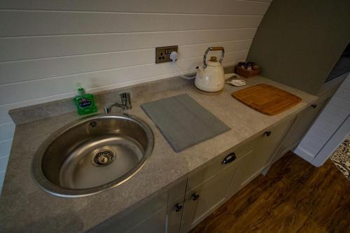 a bathroom counter with a sink and a blender on it at 1-Bed pod cabin in beautiful surroundings Wrexham in Wrexham