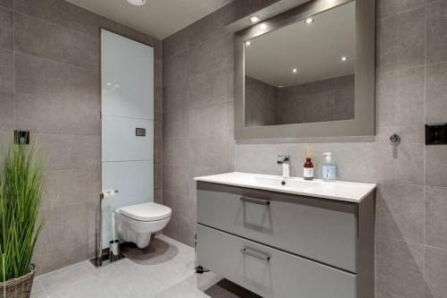 bagno con servizi igienici, lavandino e specchio di Tiltalende og romslig leilighet a Beitostøl