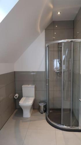 a bathroom with a toilet and a glass shower at Wee Neuk in Spean Bridge