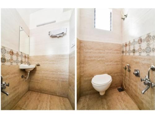 two pictures of a bathroom with a toilet and a sink at Hotel Grand Apple, Ahmedabad in Ahmedabad