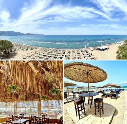three pictures of a beach with tables and an umbrella at Troulis Seaside in Amoudara Herakliou