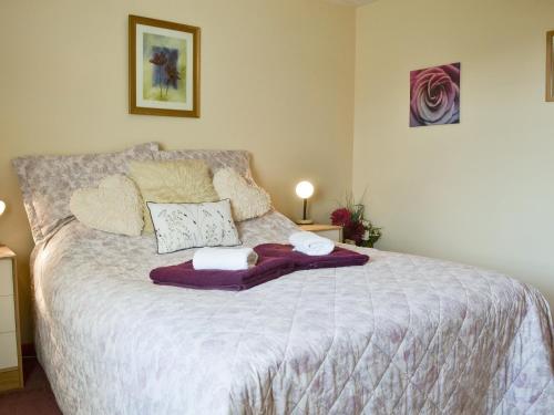 a bedroom with a large bed with purple blankets at Cefn Helyg Bach - 28453 in Cemaes Bay