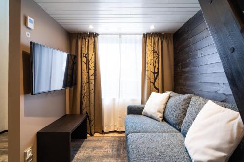 a living room with a couch and a flat screen tv at Ski-Inn Kultakero in Pyhätunturi
