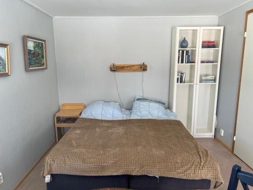 a bedroom with a bed and a book shelf at Björkö Stugor 