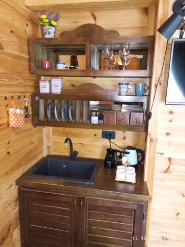 a kitchen with a sink in a tiny house at Rooms and apartmants Mirovic in Kolašin