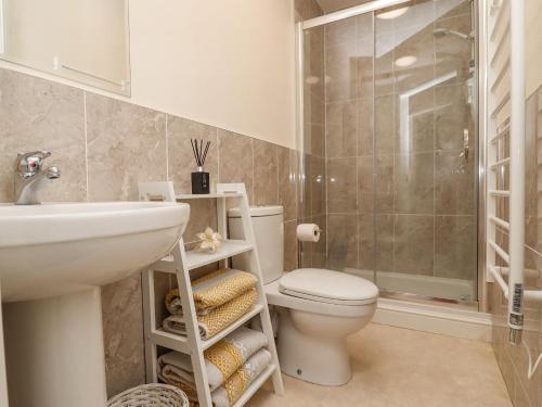 a bathroom with a toilet and a sink and a shower at Stable End Cottage in Spilsby
