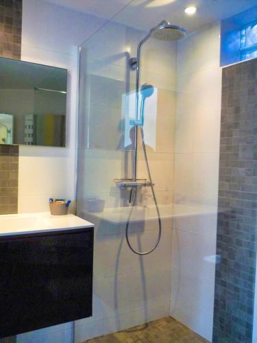 une salle de bain avec une douche avec une porte vitrée dans l'établissement Beautiful and spacious apartment with a lovely garden, à Cannes