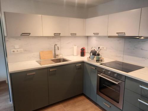 a kitchen with white cabinets and a sink at One Bedroom Apartment with Panoramic views in Piesendorf