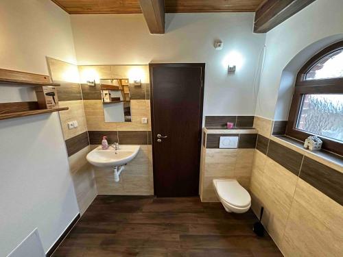 La petite salle de bains est pourvue d'un lavabo et de toilettes. dans l'établissement Penzion - Apartman Přestavlky, à Tršice