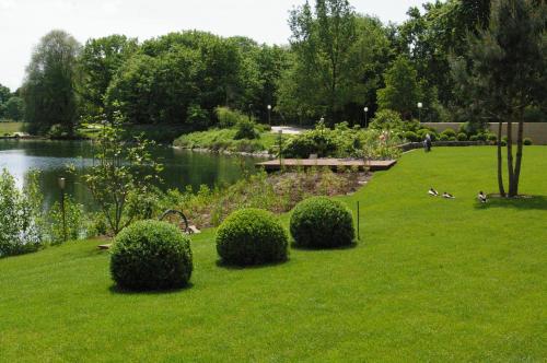 a park with green grass and bushes and a pond at LAGO hotel & restaurant am see in Ulm