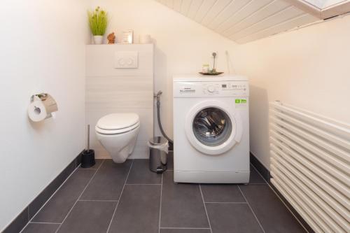 a bathroom with a washing machine and a toilet at Moderne Ferienwohnung in der Natur - 3 Schlafzimmer & 1,5 Bäder in Markdorf