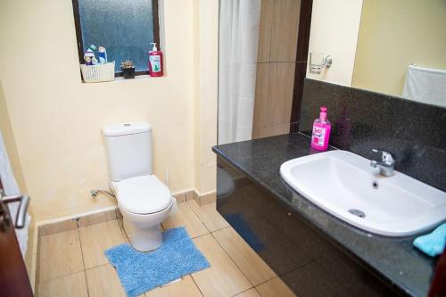 a bathroom with a white toilet and a sink at The White Dove - At Migaa Golf Estate in Kiambu