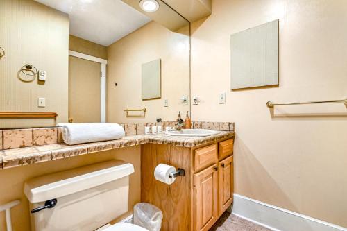 ein Badezimmer mit einem WC, einem Waschbecken und einem Spiegel in der Unterkunft Snowflakes to Summer Wind in Lake Harmony